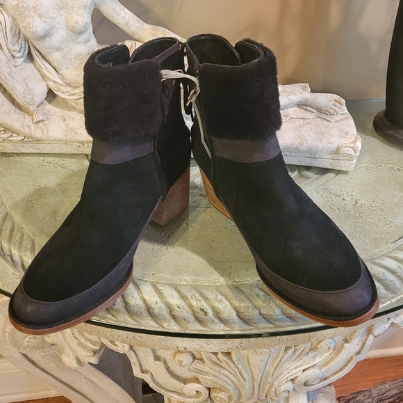 Ugg Kirke Suede Brushed Leather Shearling Stacked Heel Bootie Black Size 9 #458 - Picture 14 of 14